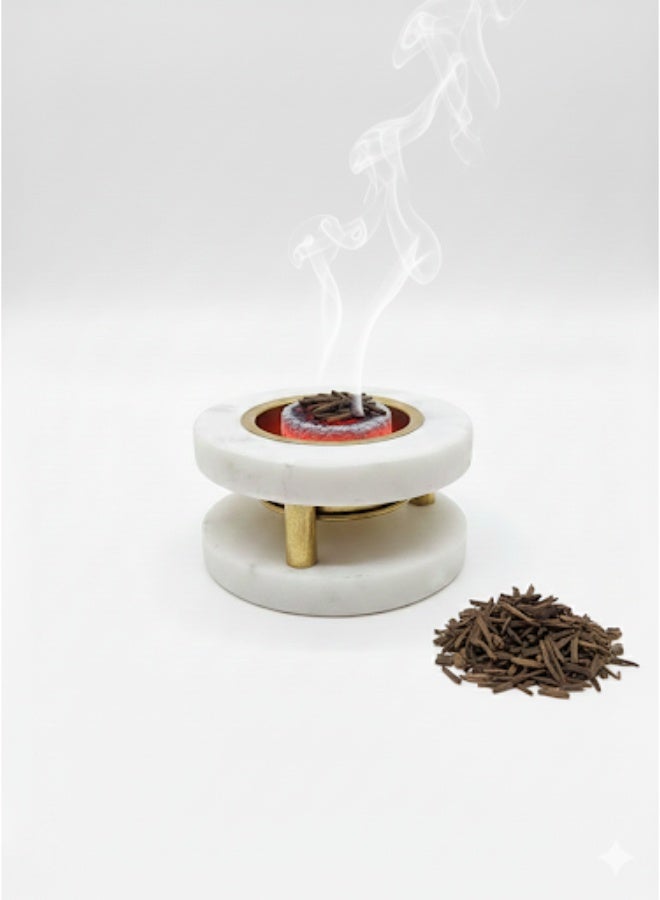 فيندكس مبخرة رخامية مع حامل نحاسي - حامل بخور فحم وعود - ديكور منزلي بسيط بلمسة زن - مبخرة من الحجر الأبيض - Image 1